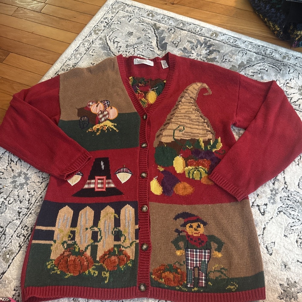 Vtg Karen Scott Hand Knit Fall Cardigan Sweater Thanksgiving Harvest Patch Work